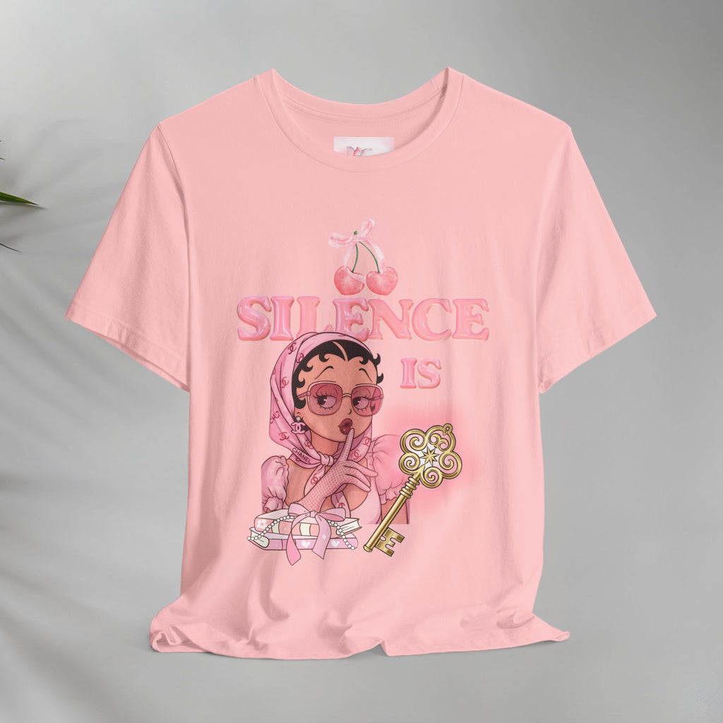 Silence Is key Tee | Pink Retro Girl Illustration, Cherry Motif