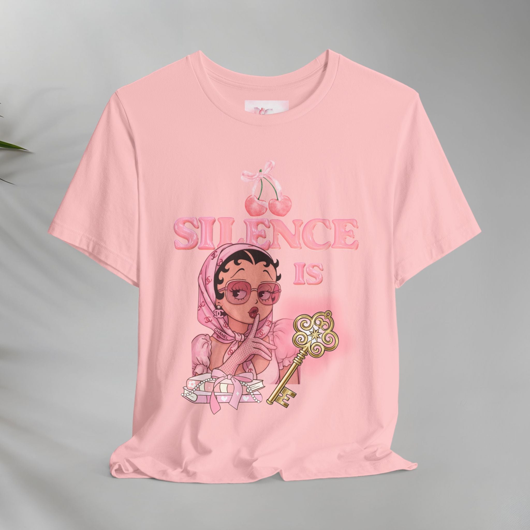 Silence Is key Tee | Pink Retro Girl Illustration, Cherry Motif
