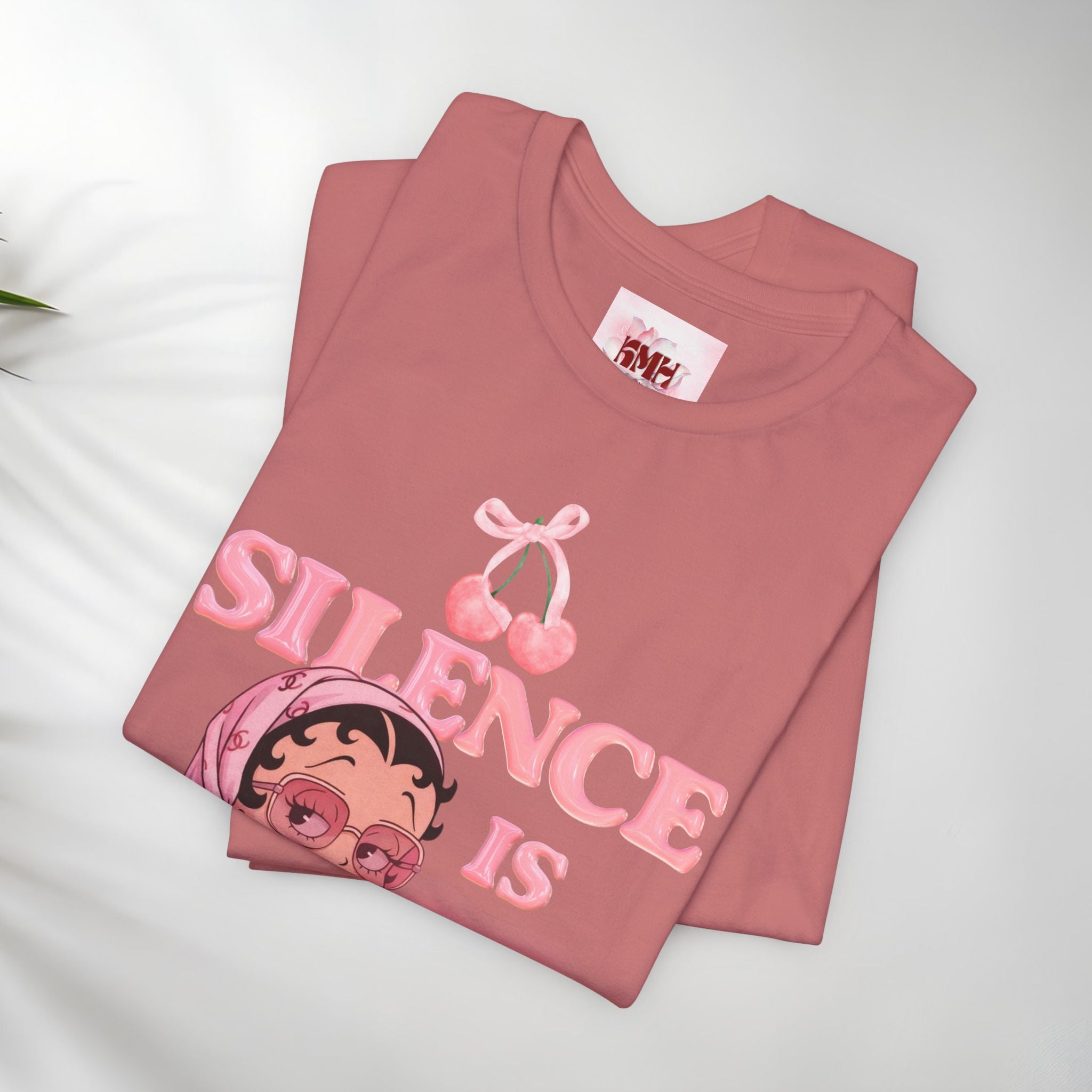 Silence Is key Tee | Pink Retro Girl Illustration, Cherry Motif