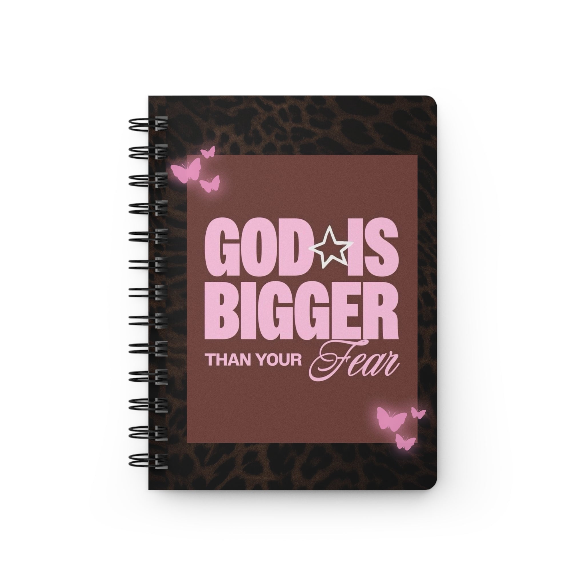 Journal — God Is Bigger Than Your Fear Spiritual Spiral Notebook (Leopard Print, Pink Typography)