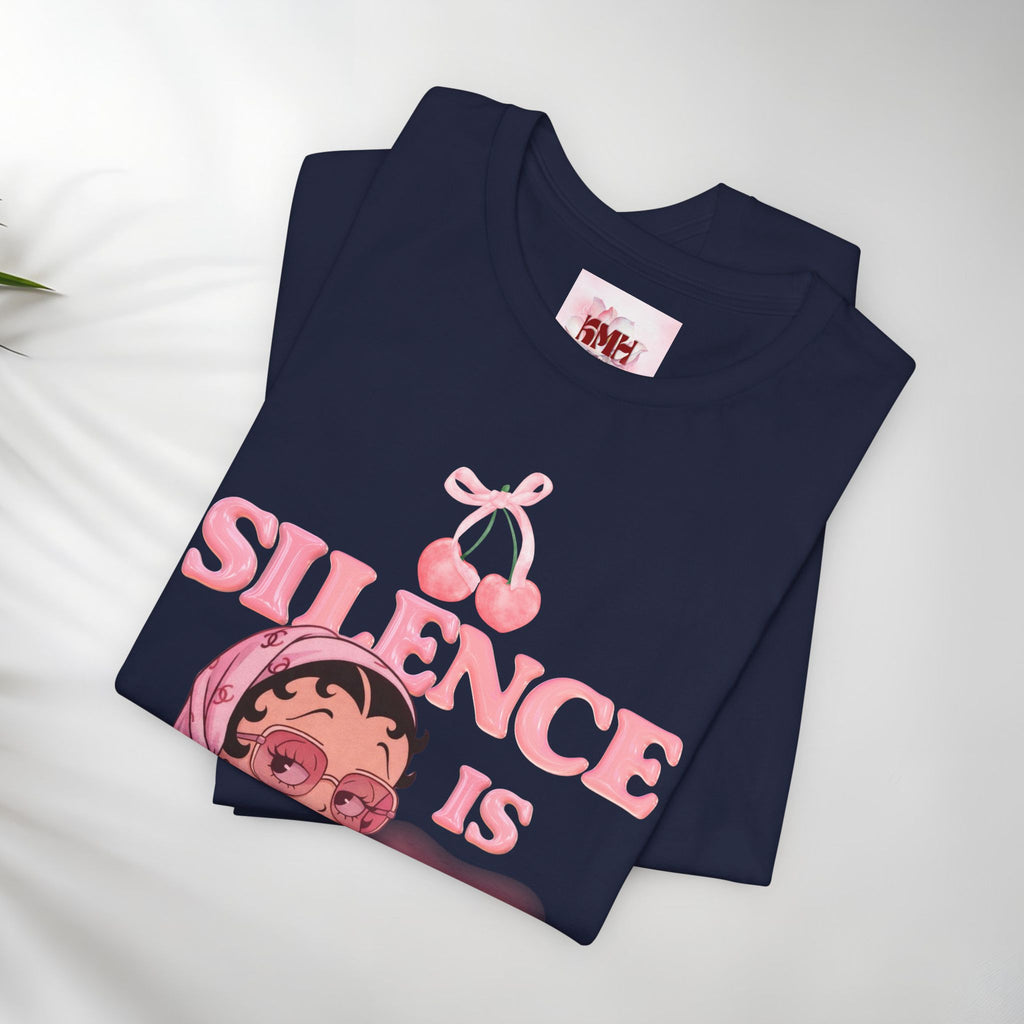 Silence Is key Tee | Pink Retro Girl Illustration, Cherry Motif