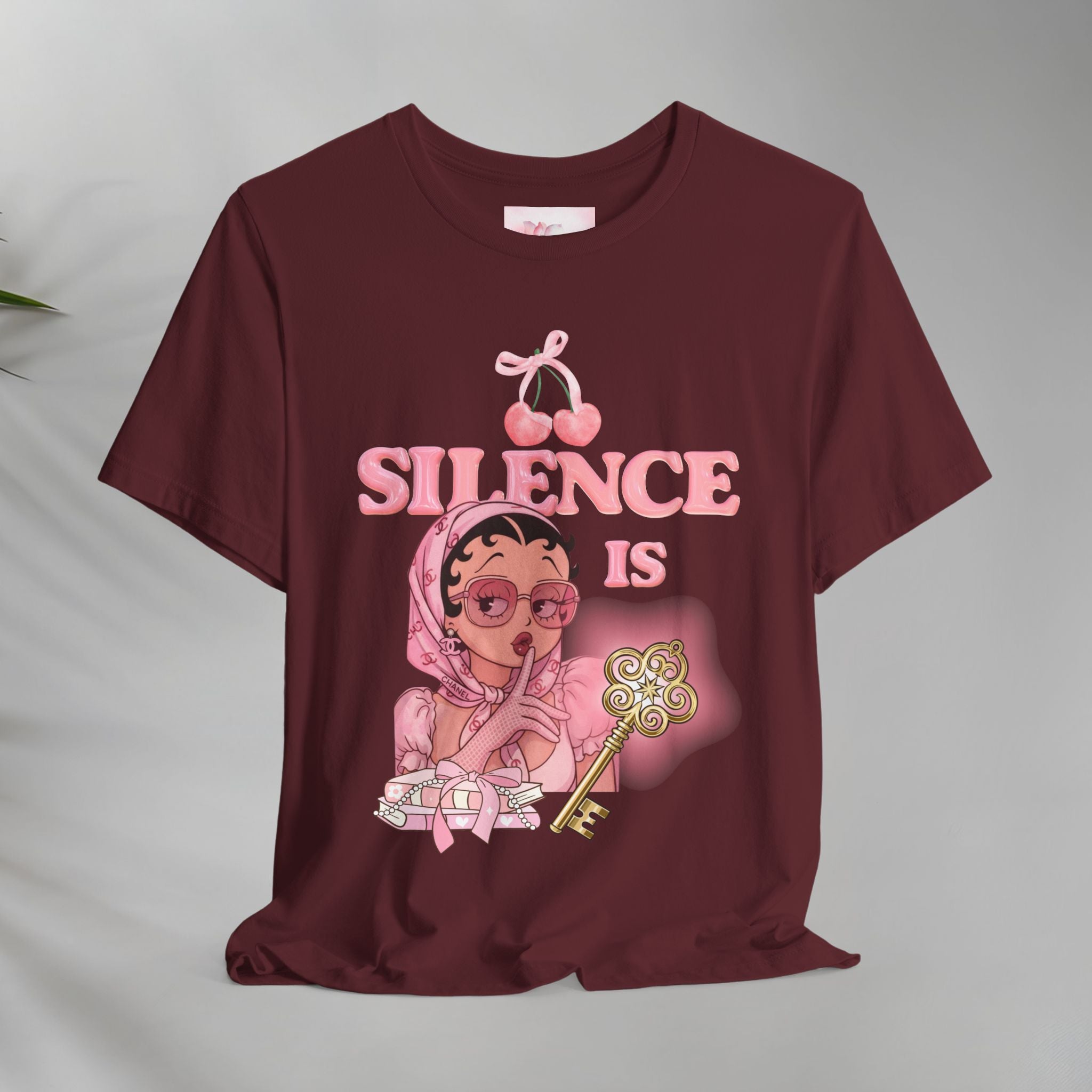 Silence Is key Tee | Pink Retro Girl Illustration, Cherry Motif