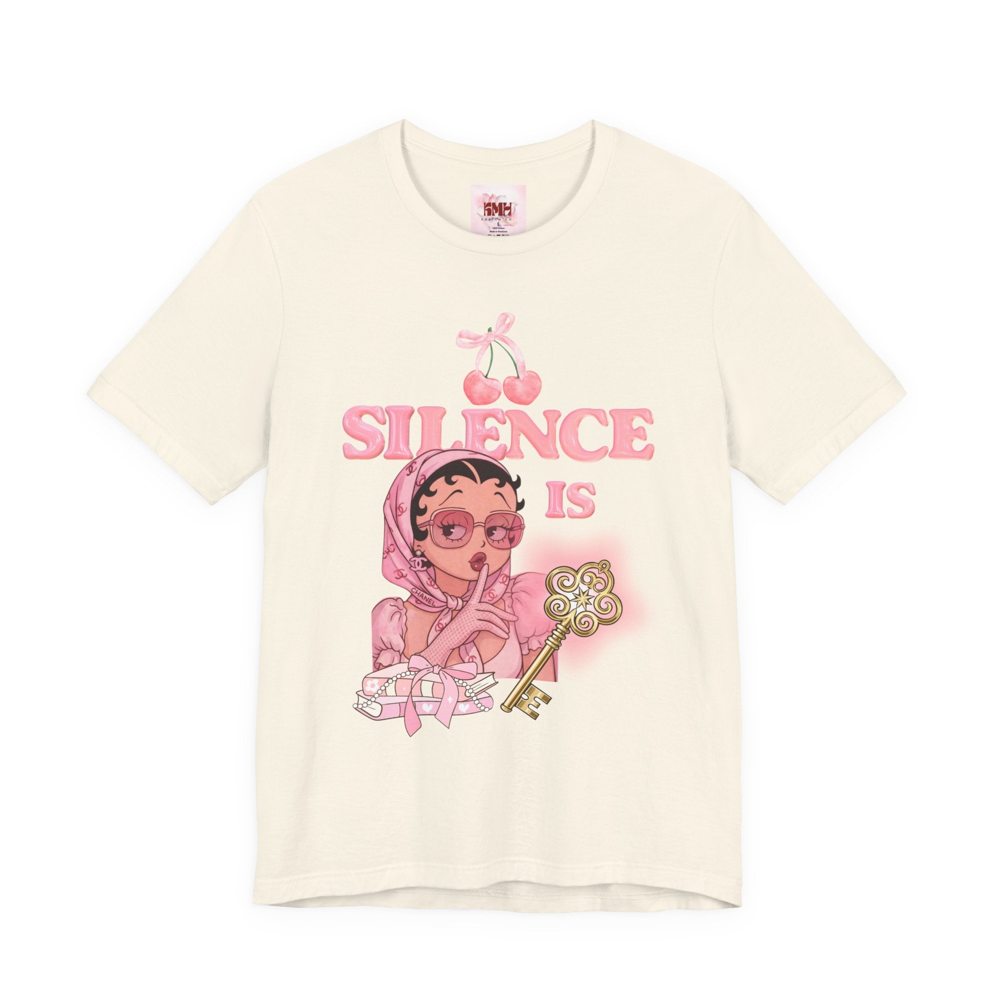 Silence Is key Tee | Pink Retro Girl Illustration, Cherry Motif