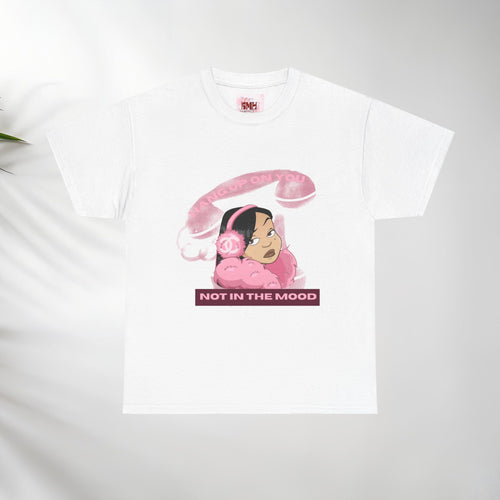 Not In The Mood girl illustration Tee, pink headphones, retro telephone graphic