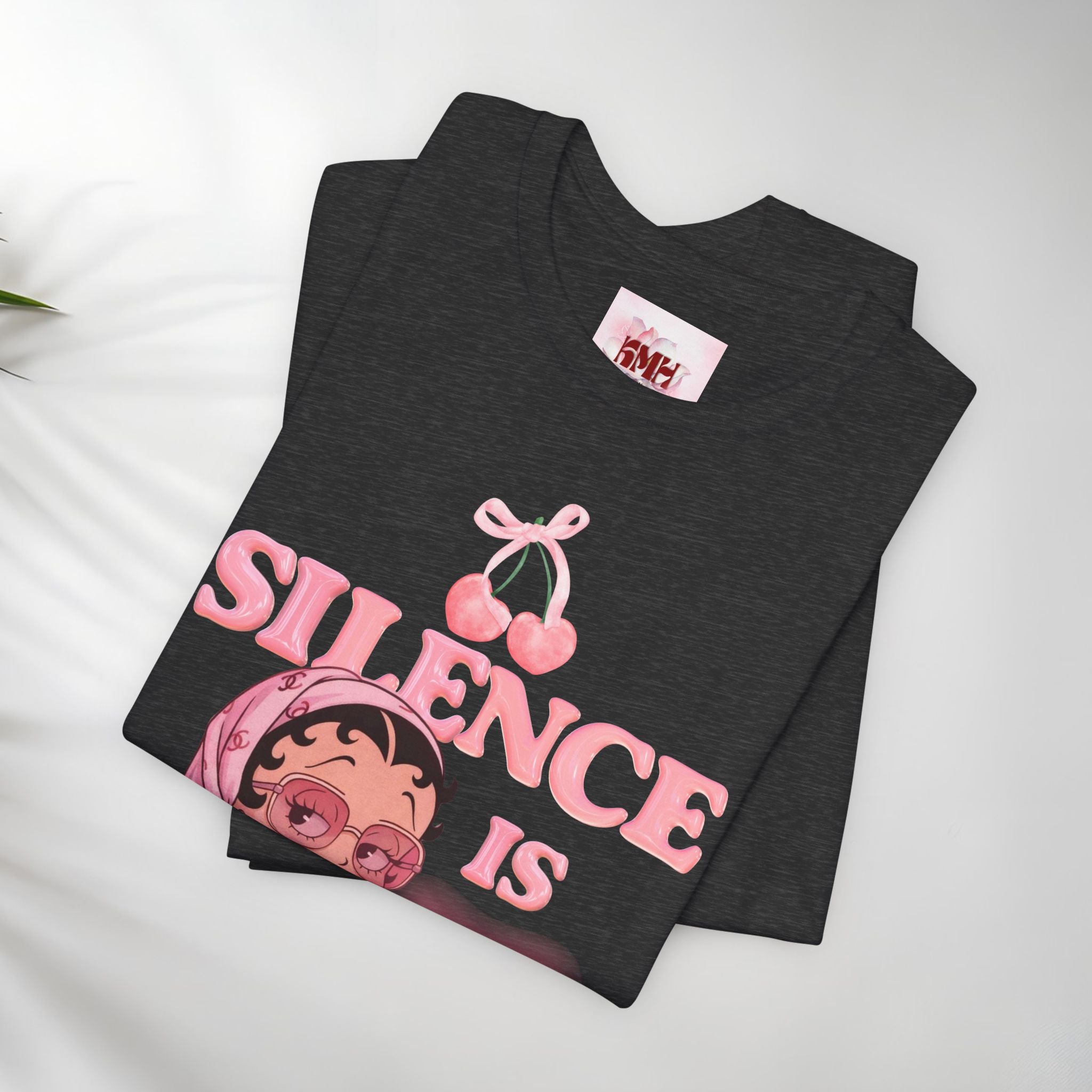 Silence Is key Tee | Pink Retro Girl Illustration, Cherry Motif