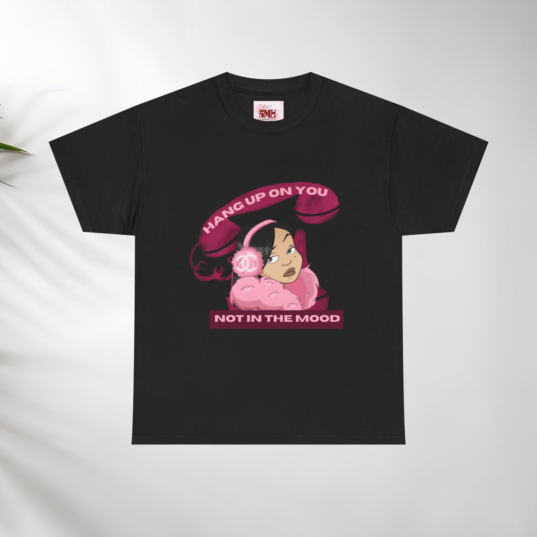 Not In The Mood girl illustration Tee, pink headphones, retro telephone graphic