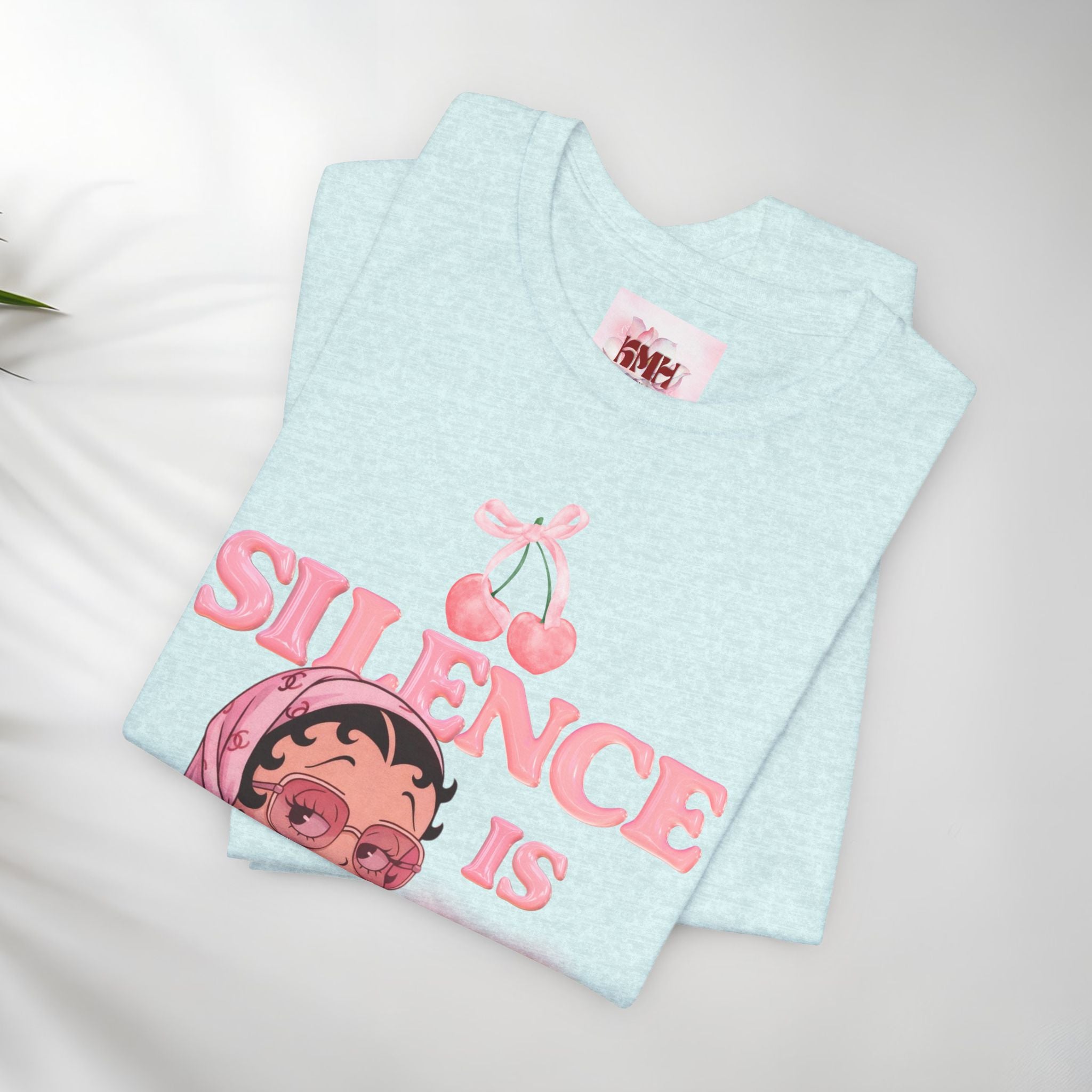 Silence Is key Tee | Pink Retro Girl Illustration, Cherry Motif
