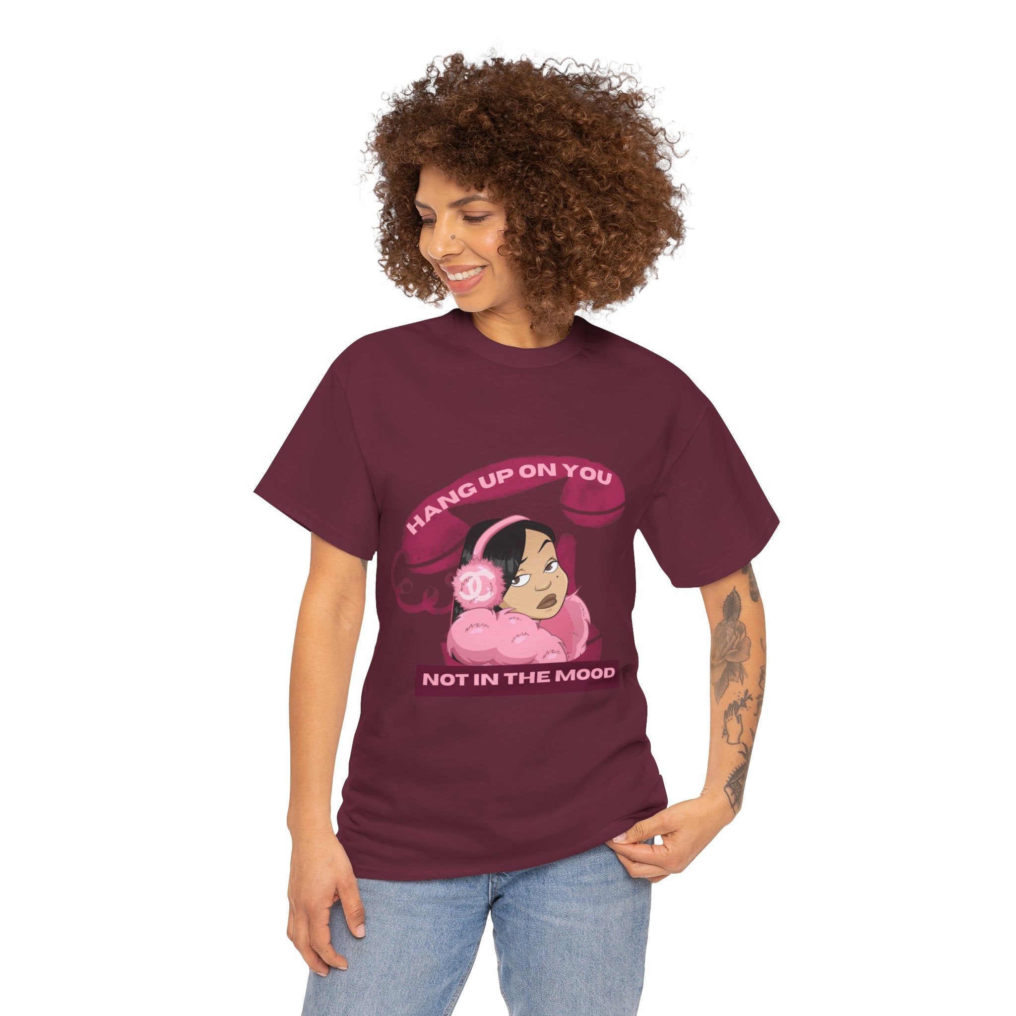 Not In The Mood girl illustration Tee, pink headphones, retro telephone graphic