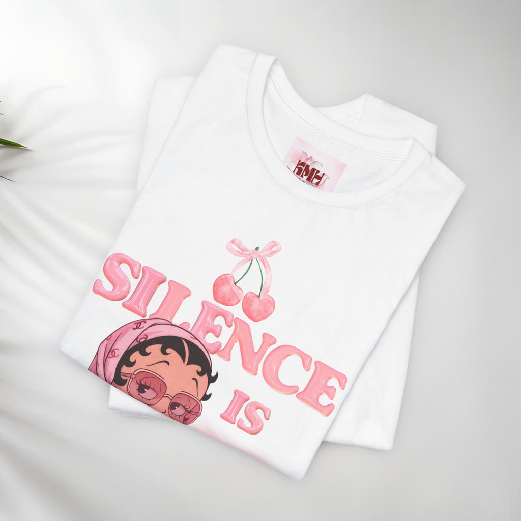 Silence Is key Tee | Pink Retro Girl Illustration, Cherry Motif