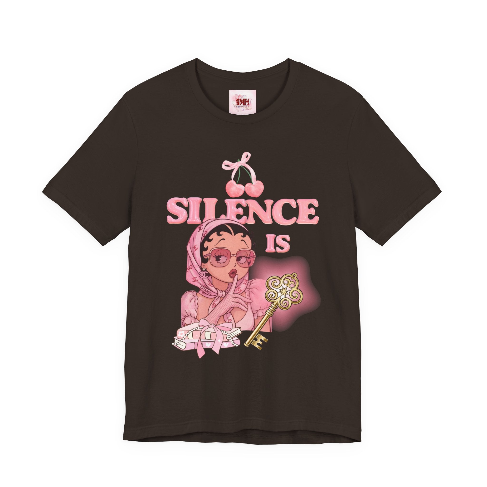 Silence Is key Tee | Pink Retro Girl Illustration, Cherry Motif