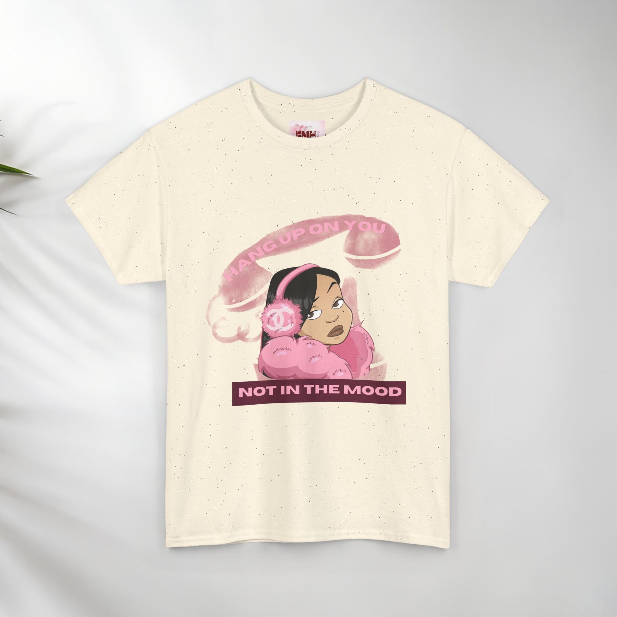 Not In The Mood girl illustration Tee, pink headphones, retro telephone graphic