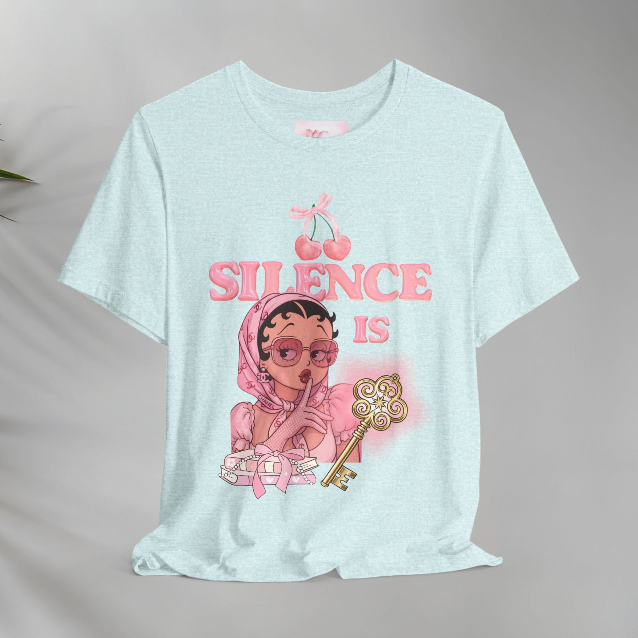 Silence Is key Tee | Pink Retro Girl Illustration, Cherry Motif