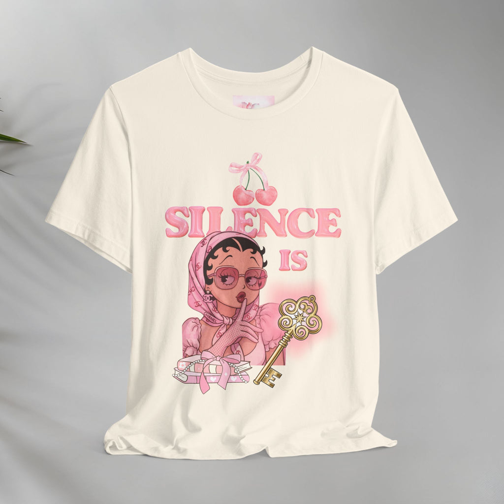 Silence Is key Tee | Pink Retro Girl Illustration, Cherry Motif