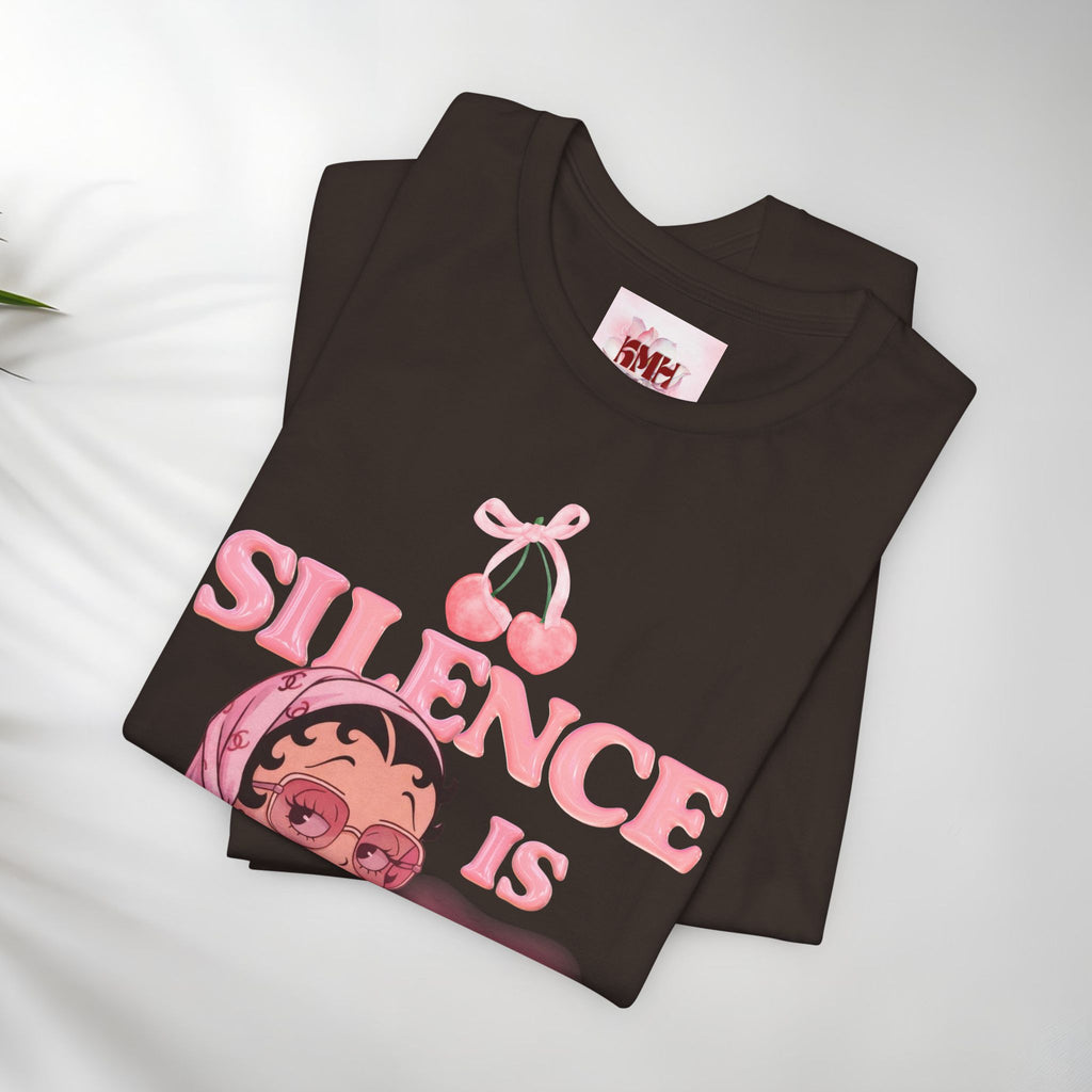 Silence Is key Tee | Pink Retro Girl Illustration, Cherry Motif