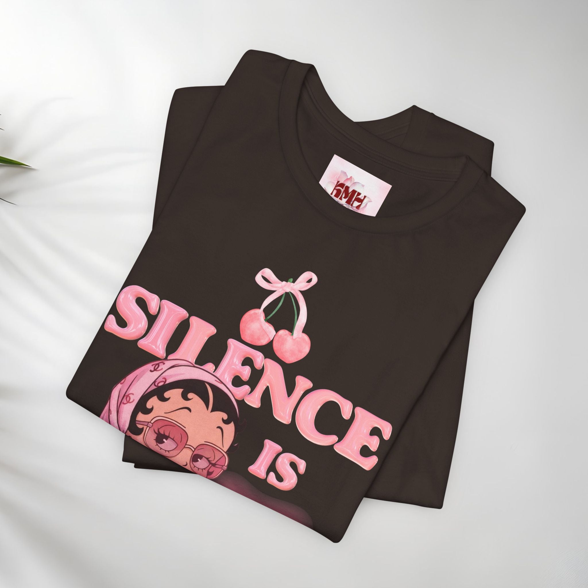 Silence Is key Tee | Pink Retro Girl Illustration, Cherry Motif