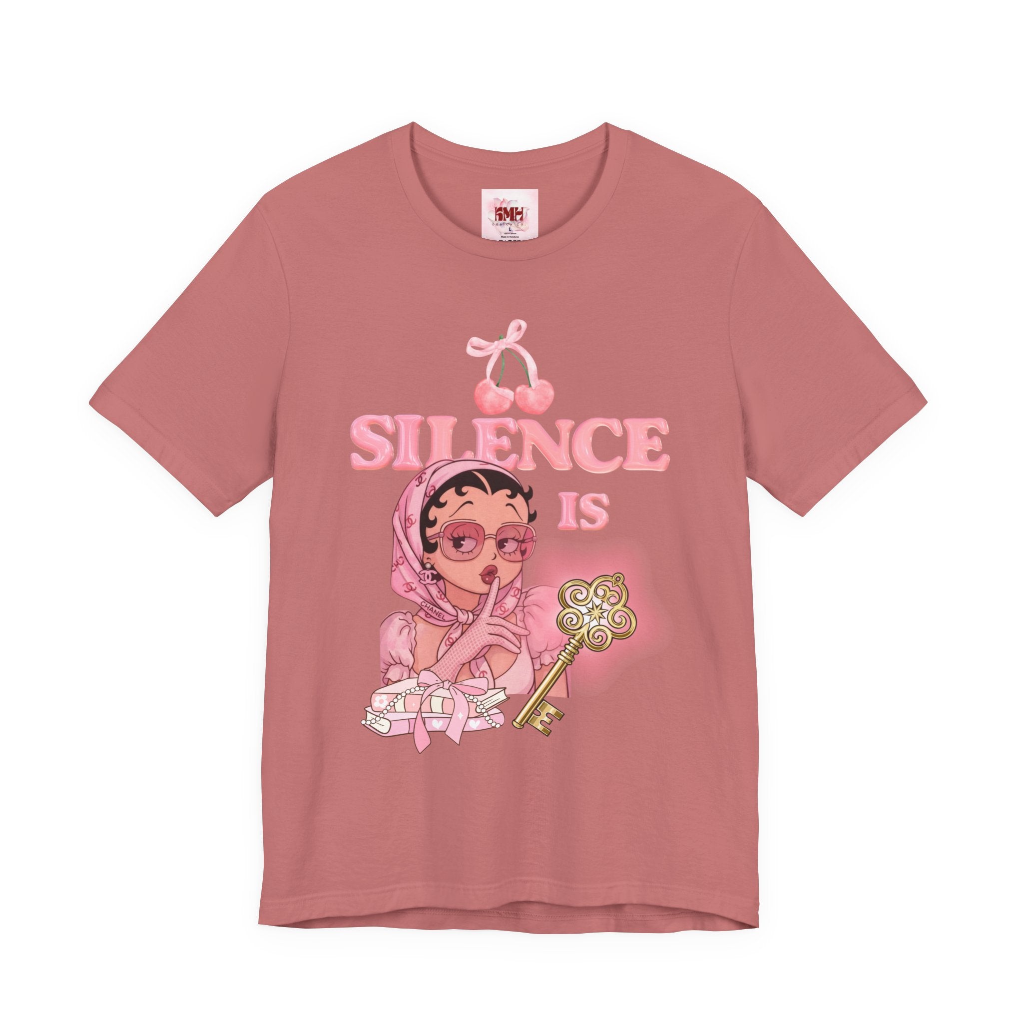 Silence Is key Tee | Pink Retro Girl Illustration, Cherry Motif