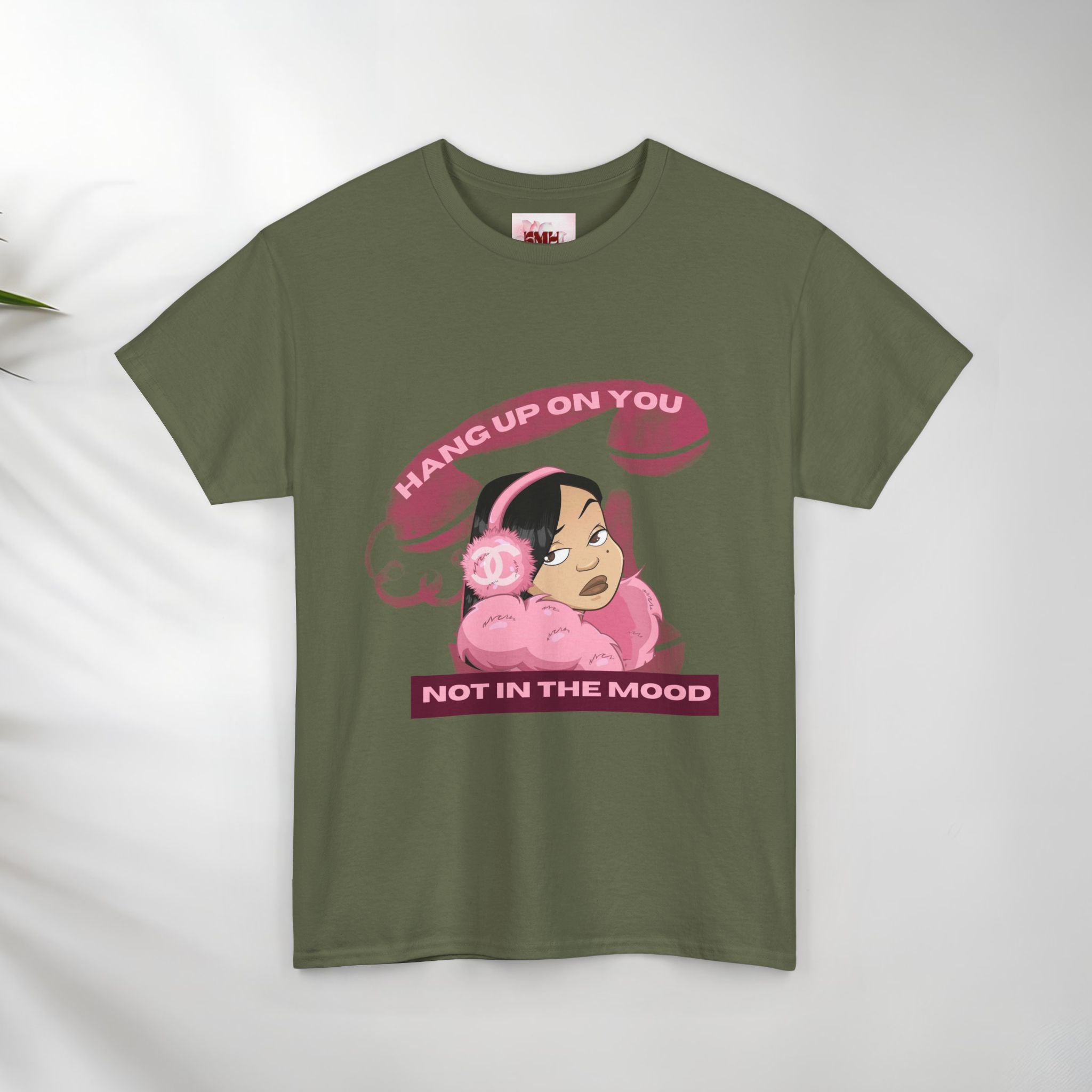 Not In The Mood girl illustration Tee, pink headphones, retro telephone graphic
