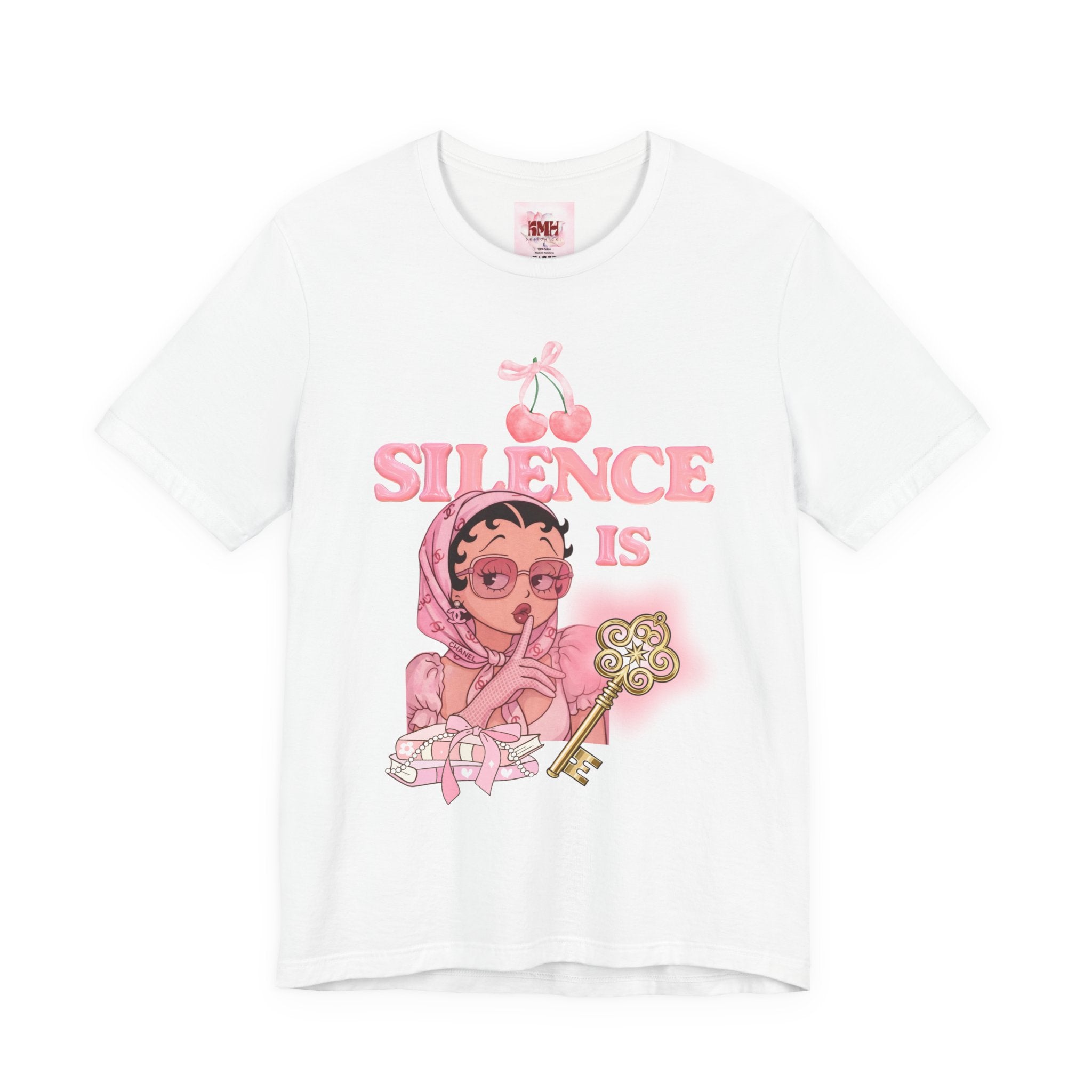 Silence Is key Tee | Pink Retro Girl Illustration, Cherry Motif