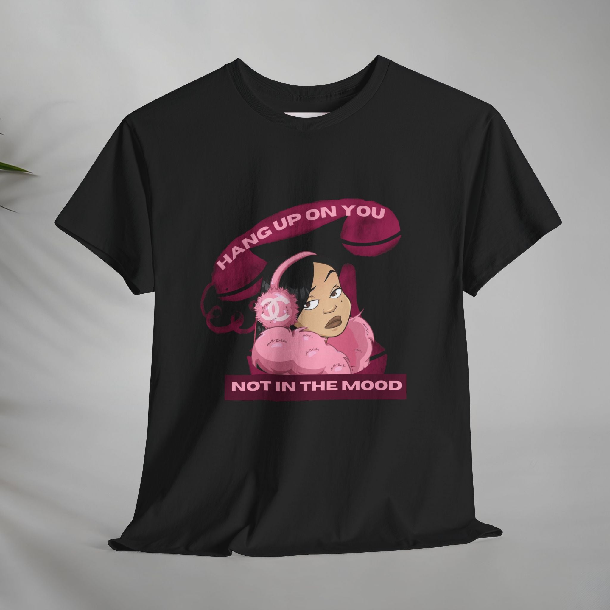 Not In The Mood girl illustration Tee, pink headphones, retro telephone graphic