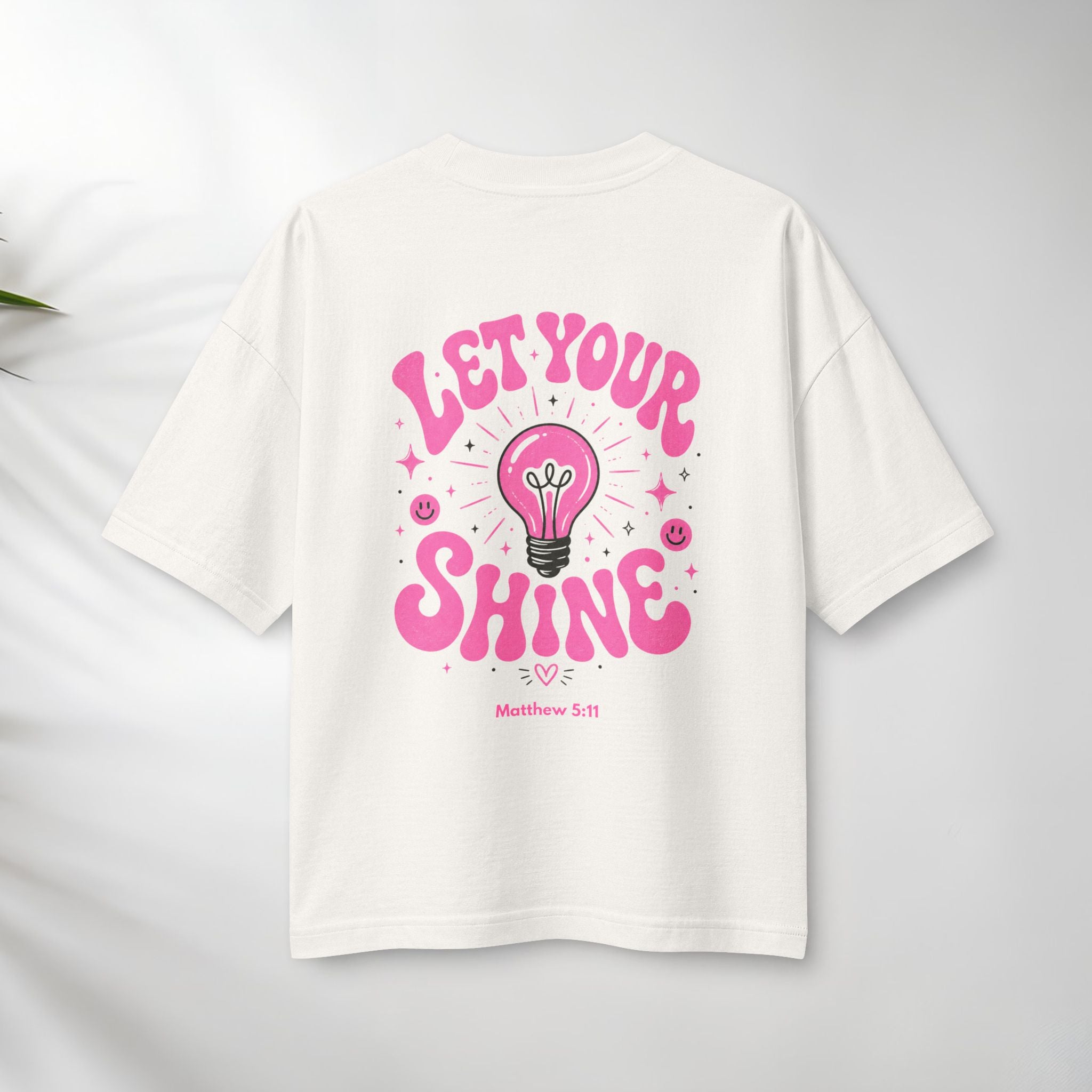Let Your Shine T‑Shirt — Inspirational Pink Lightbulb Graphic (Matthew 5:16)