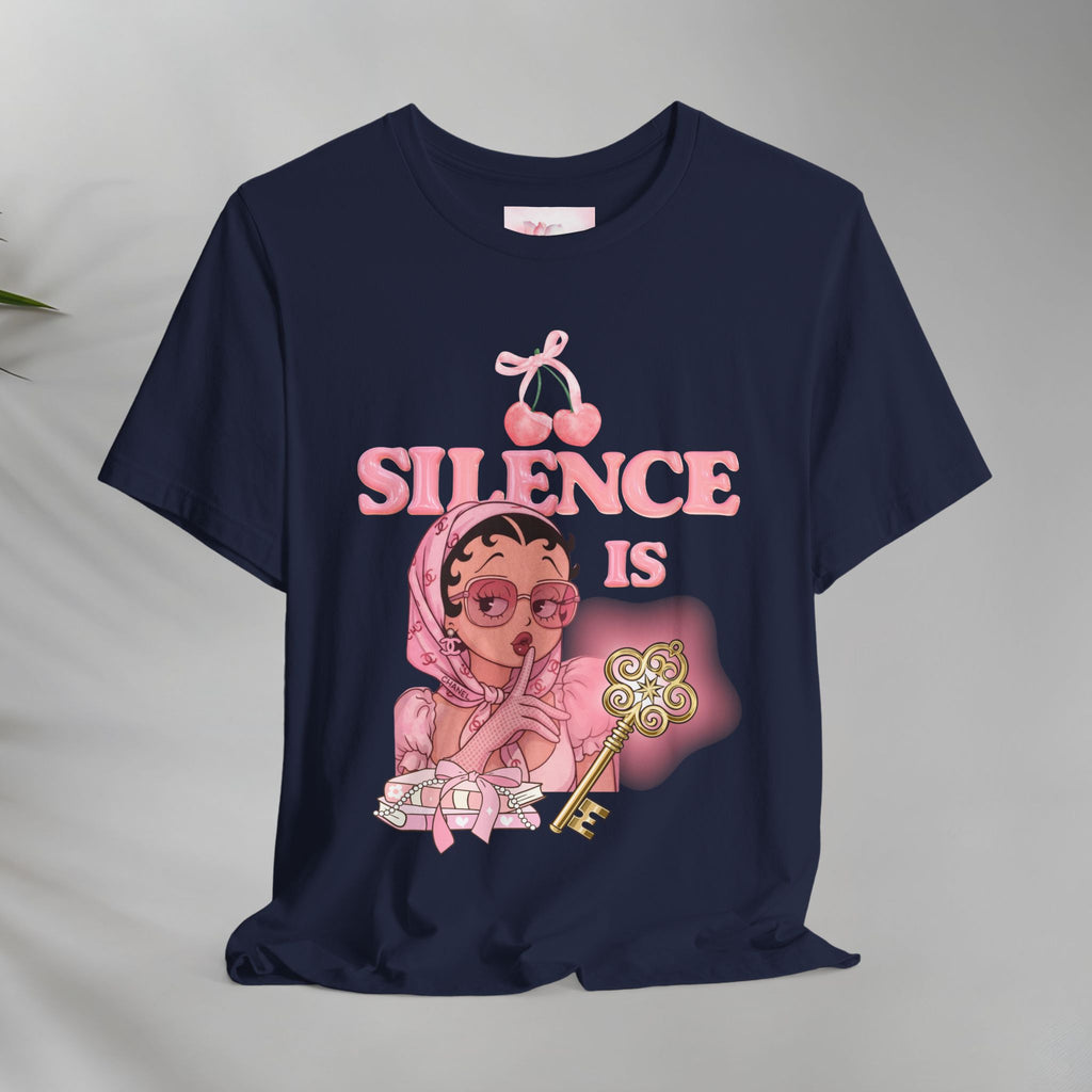 Silence Is key Tee | Pink Retro Girl Illustration, Cherry Motif