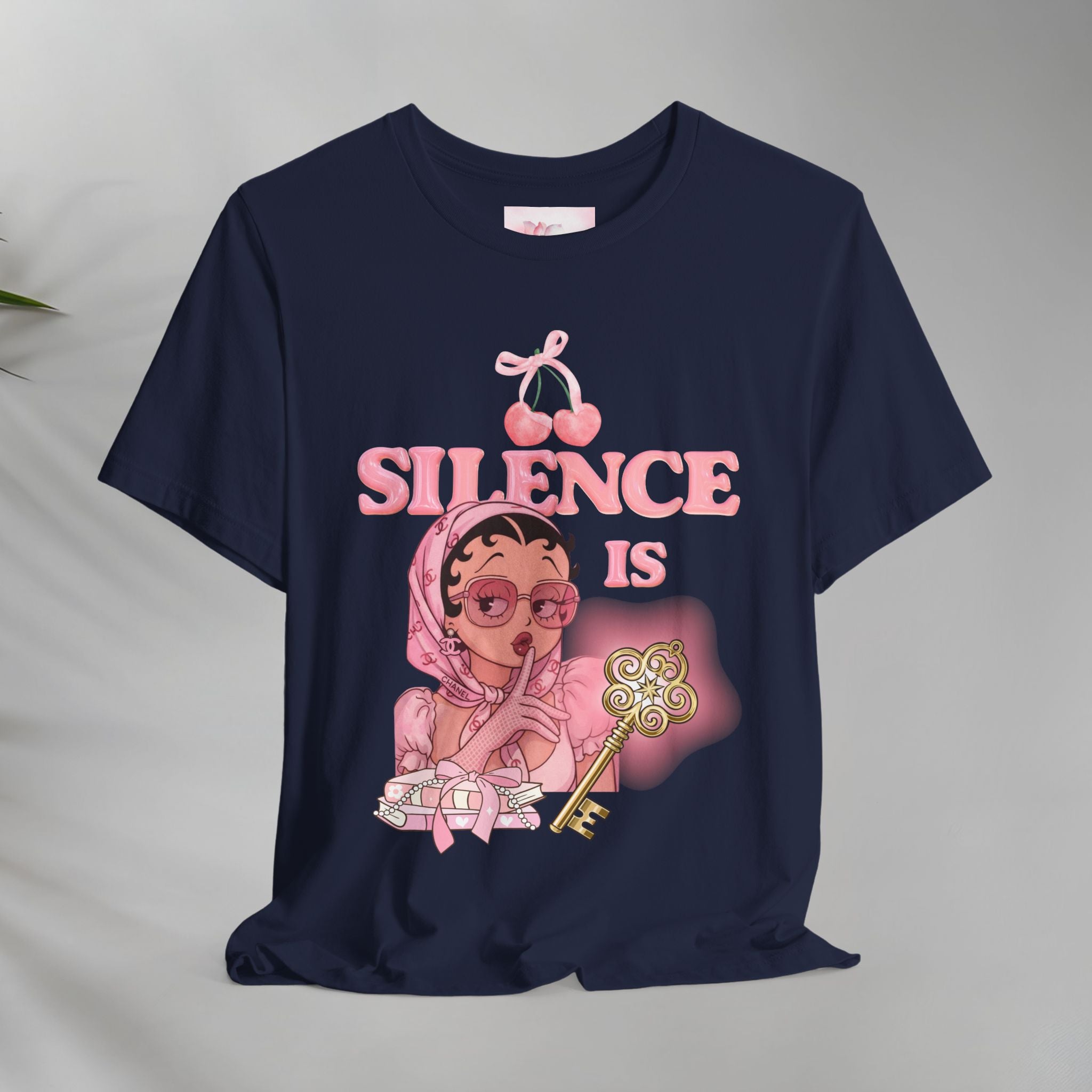 Silence Is key Tee | Pink Retro Girl Illustration, Cherry Motif