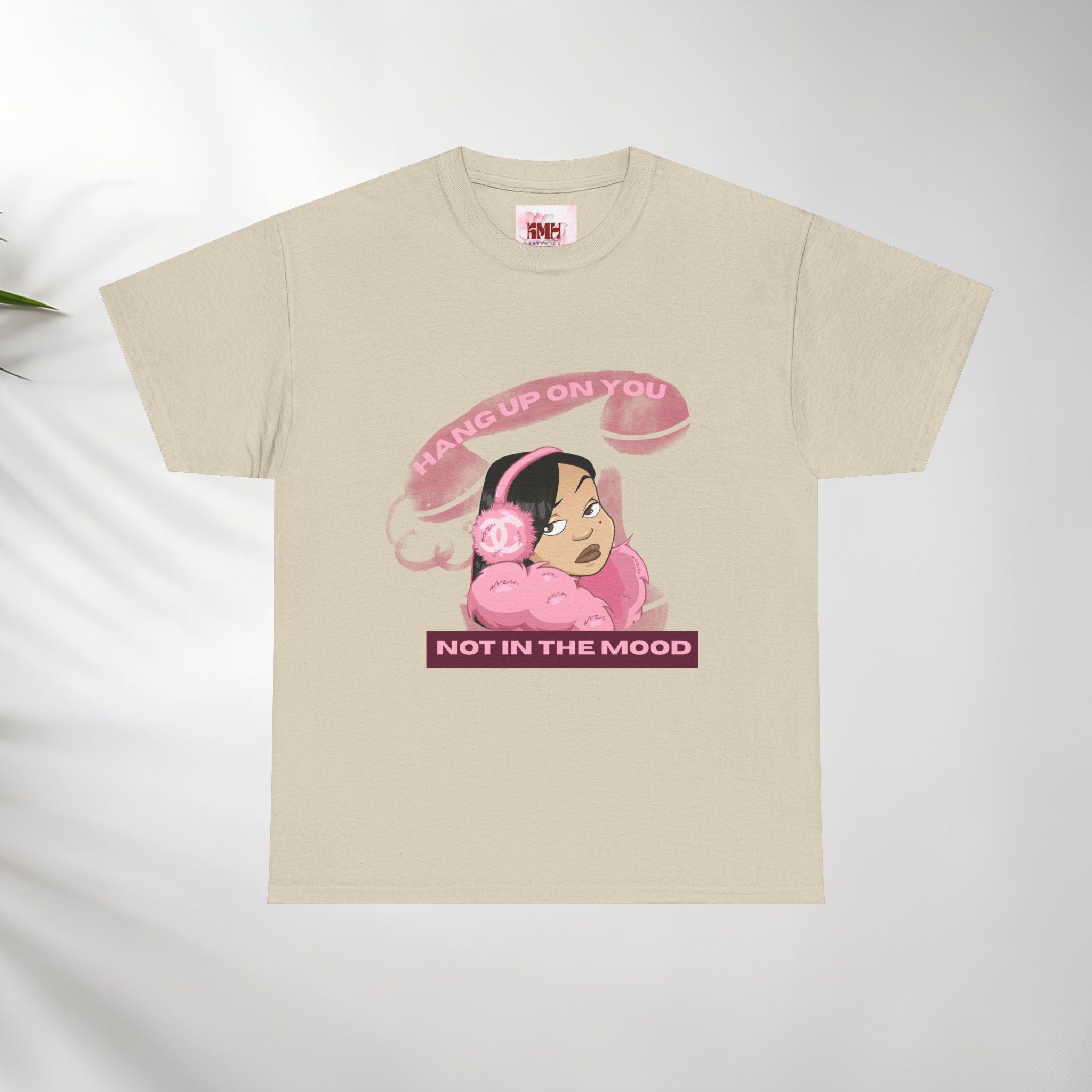 Not In The Mood girl illustration Tee, pink headphones, retro telephone graphic