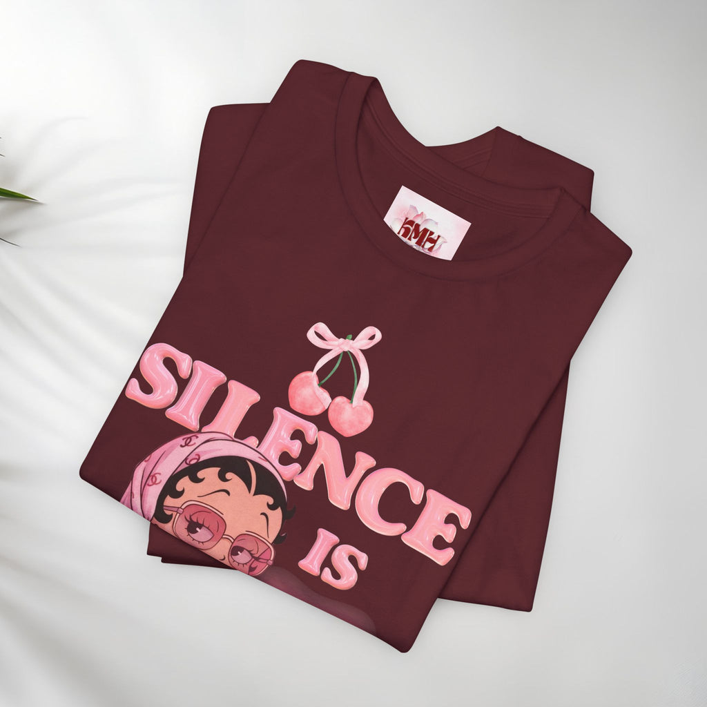 Silence Is key Tee | Pink Retro Girl Illustration, Cherry Motif