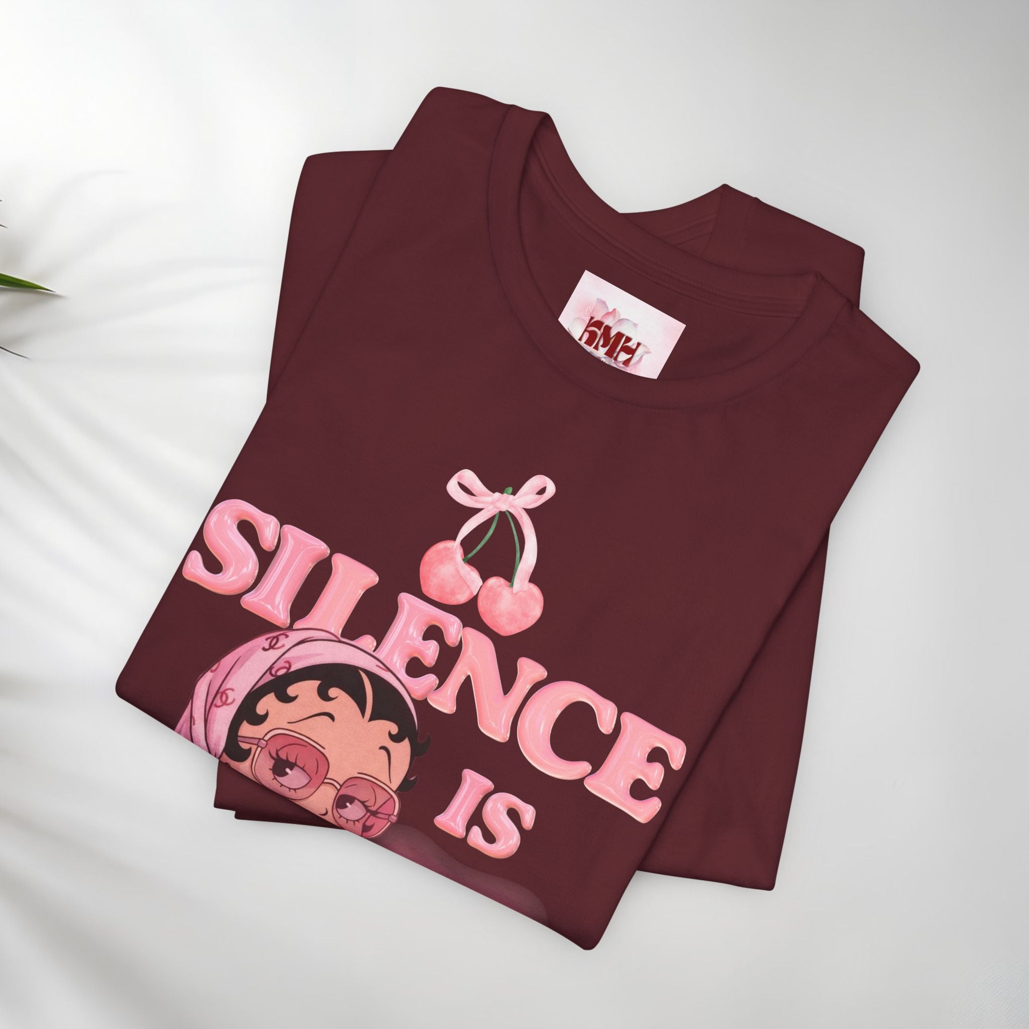 Silence Is key Tee | Pink Retro Girl Illustration, Cherry Motif