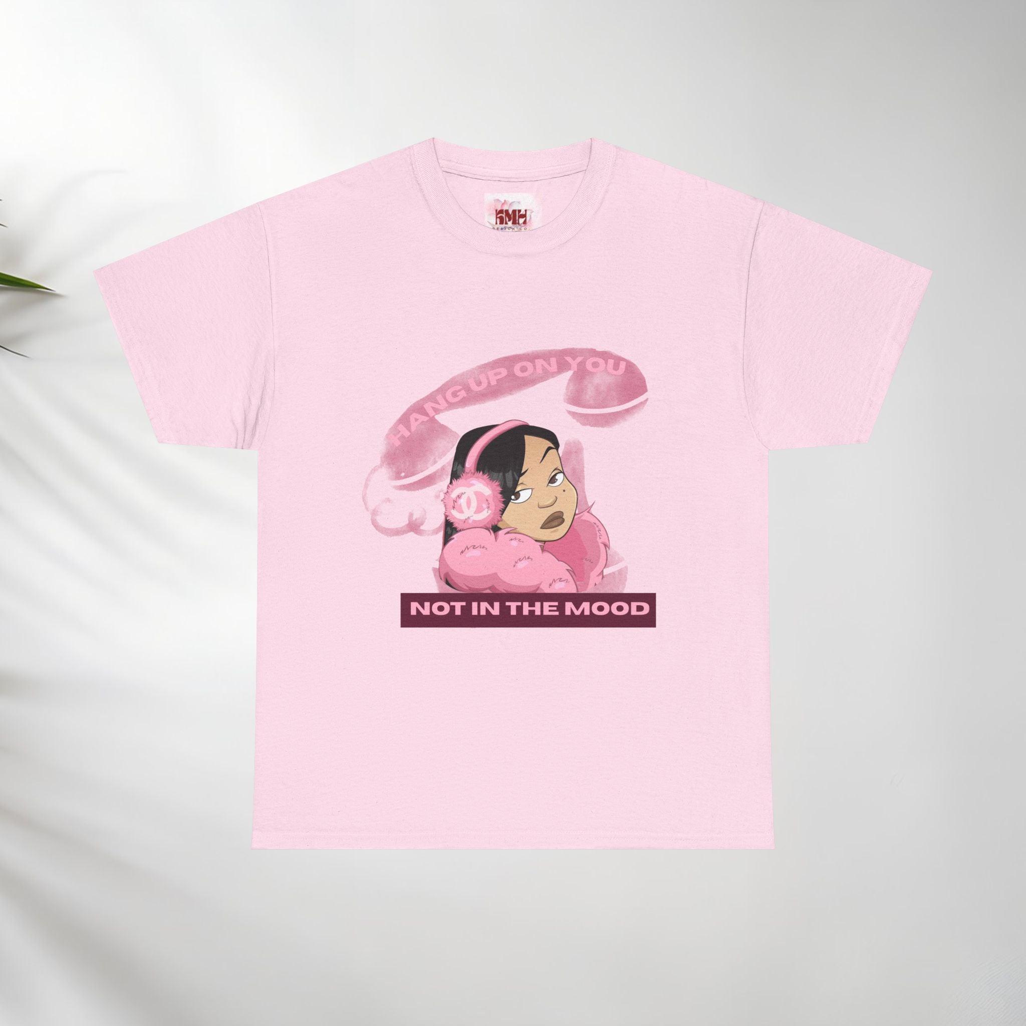 Not In The Mood girl illustration Tee, pink headphones, retro telephone graphic