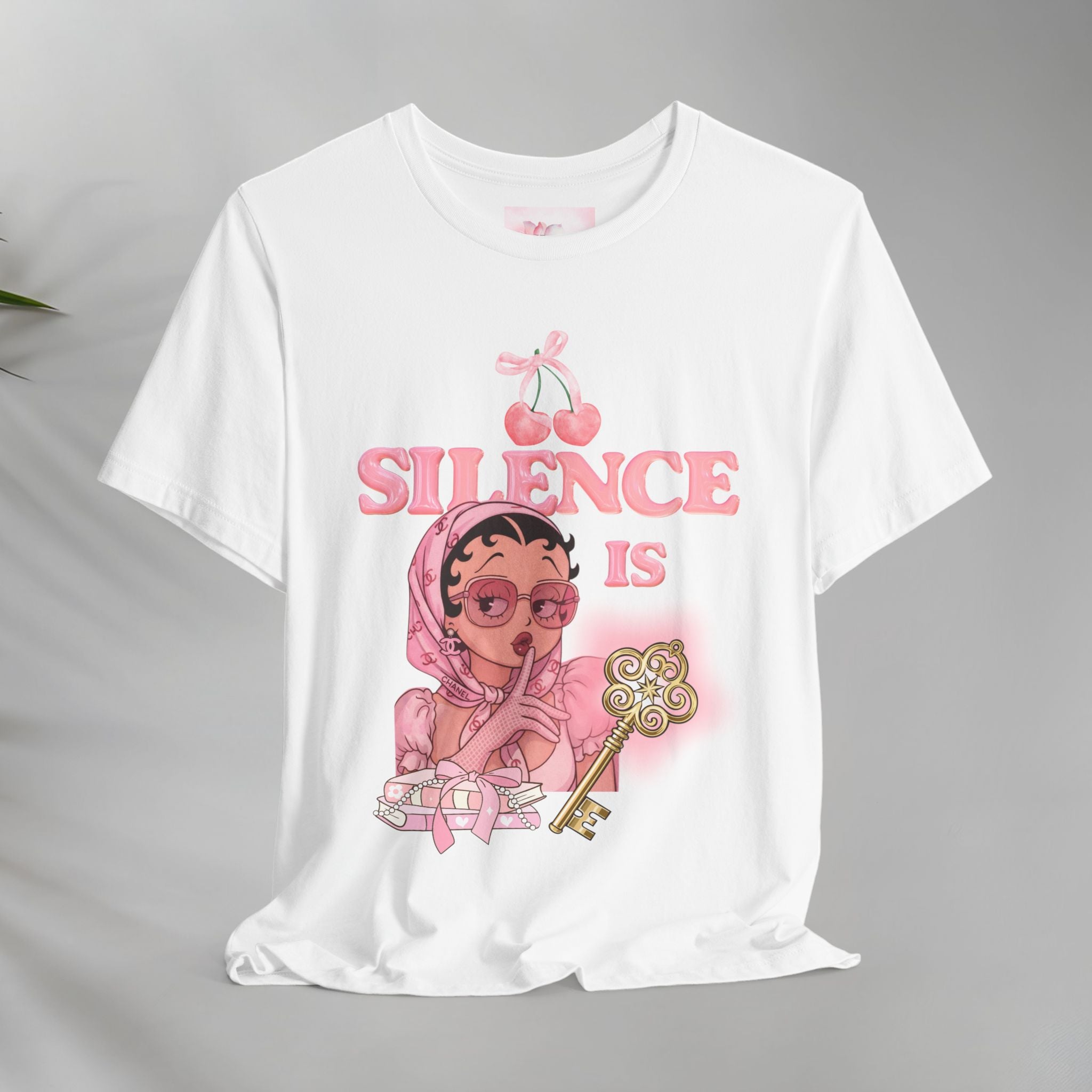 Silence Is key Tee | Pink Retro Girl Illustration, Cherry Motif