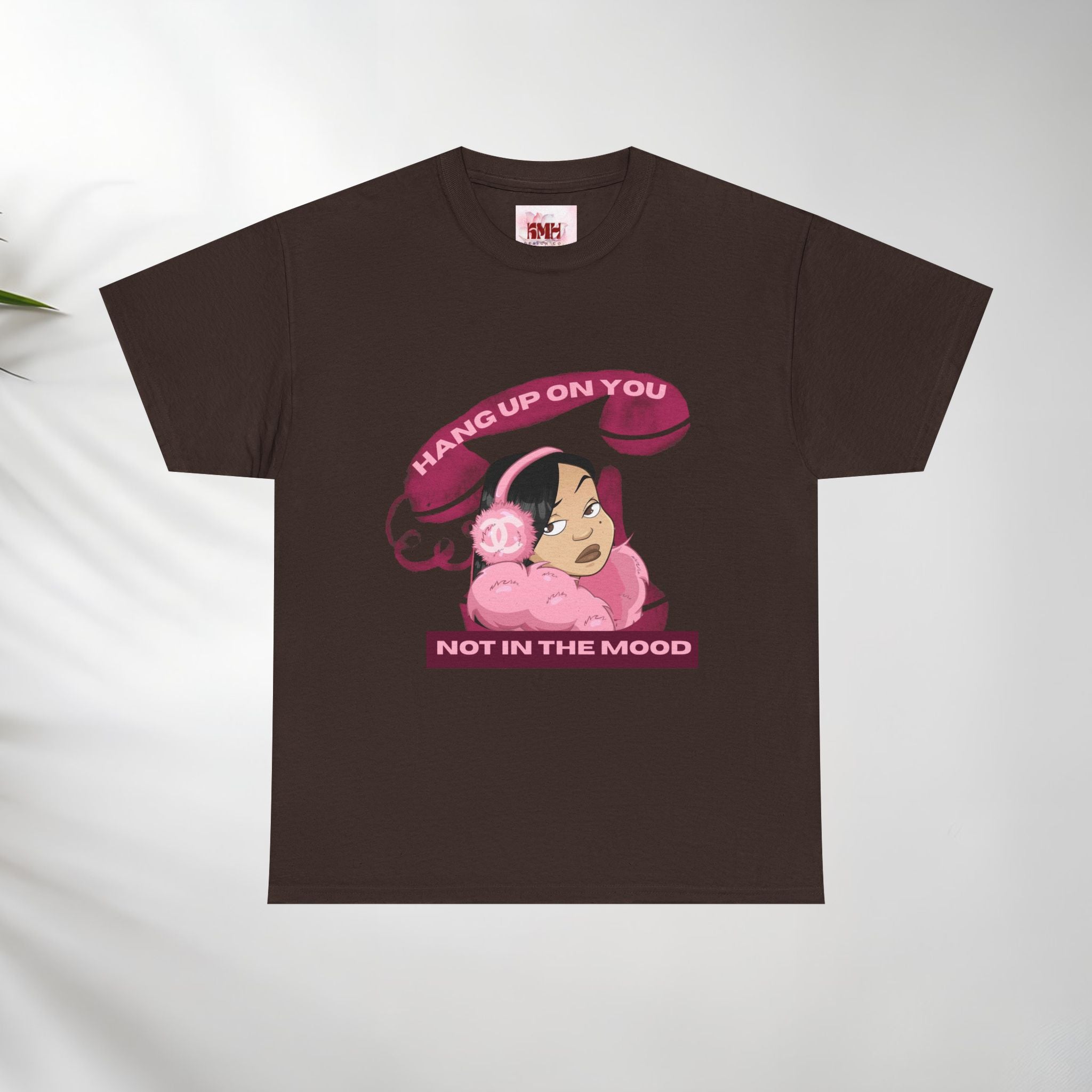 Not In The Mood girl illustration Tee, pink headphones, retro telephone graphic