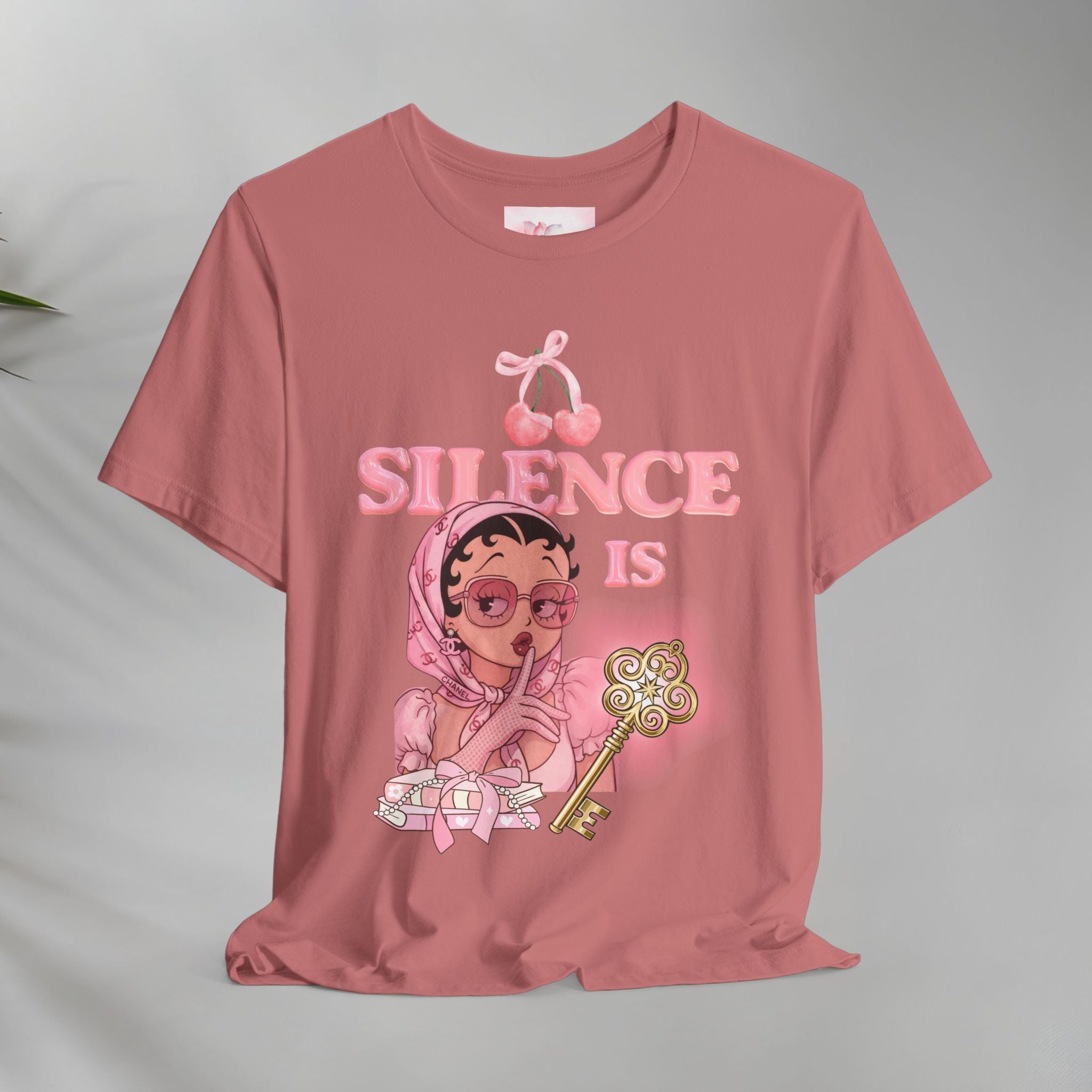 Silence Is key Tee | Pink Retro Girl Illustration, Cherry Motif