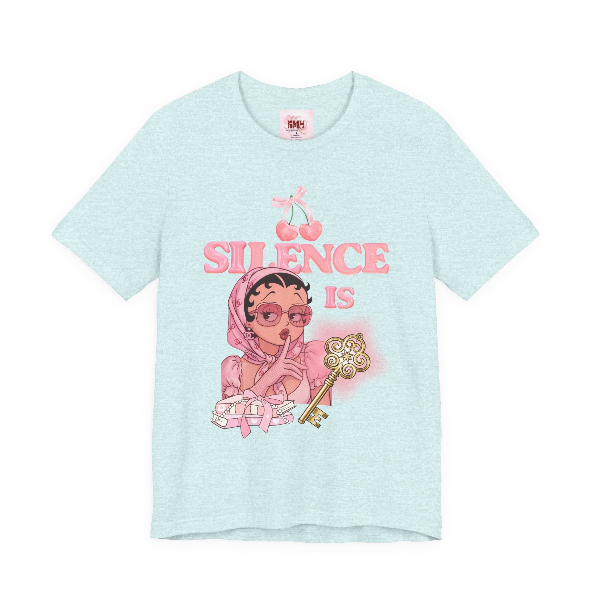 Silence Is key Tee | Pink Retro Girl Illustration, Cherry Motif