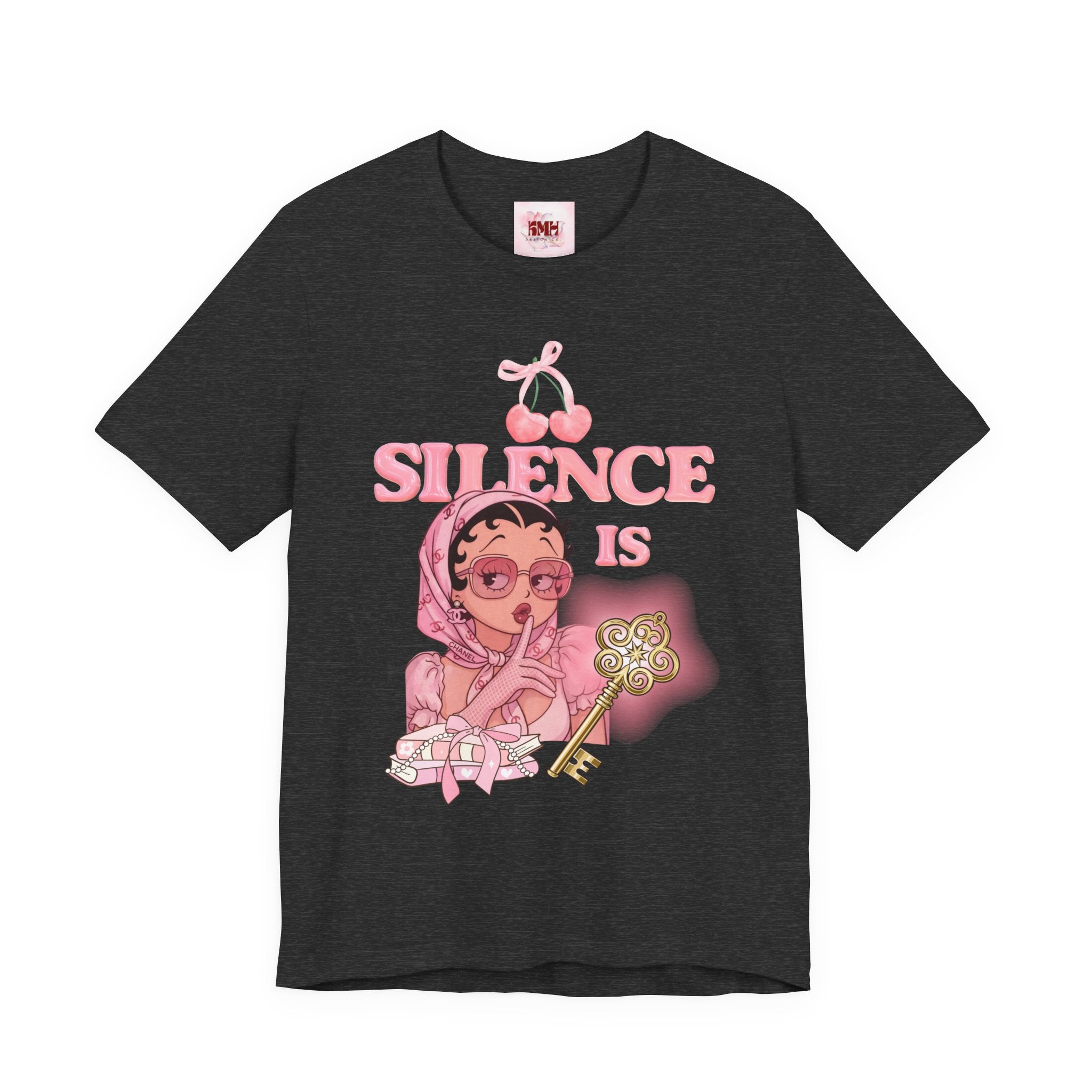 Silence Is key Tee | Pink Retro Girl Illustration, Cherry Motif