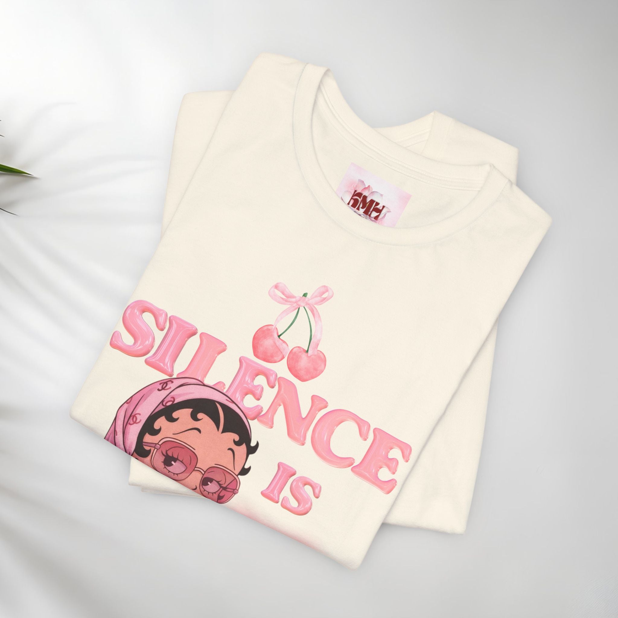 Silence Is key Tee | Pink Retro Girl Illustration, Cherry Motif