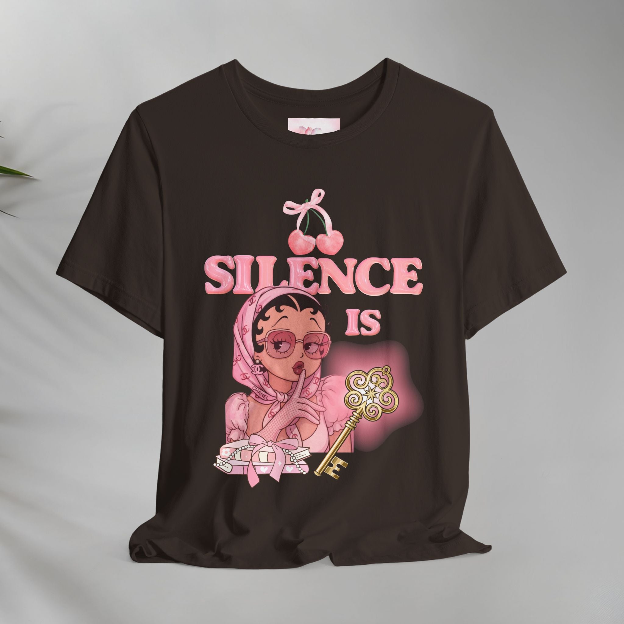 Silence Is key Tee | Pink Retro Girl Illustration, Cherry Motif