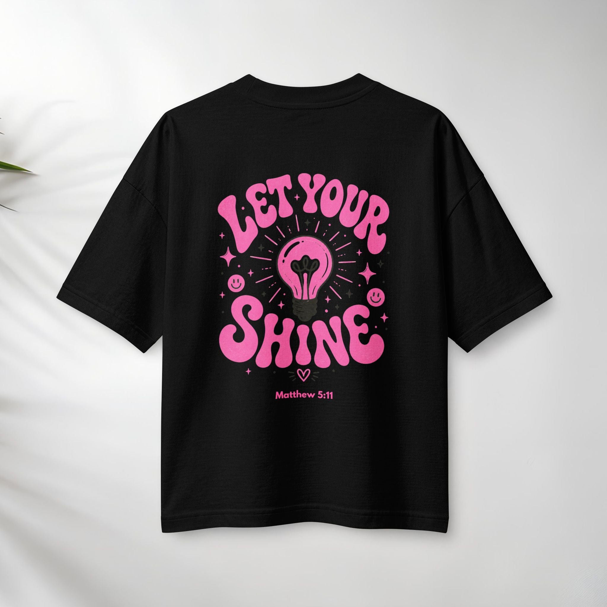Let Your Shine T‑Shirt — Inspirational Pink Lightbulb Graphic (Matthew 5:16)