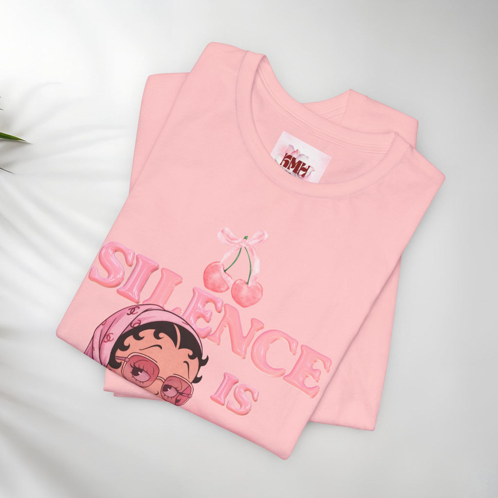 Silence Is key Tee | Pink Retro Girl Illustration, Cherry Motif