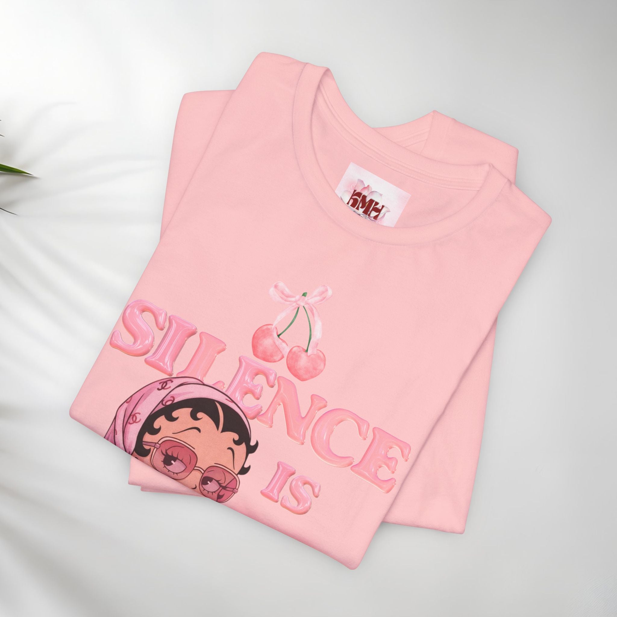 Silence Is key Tee | Pink Retro Girl Illustration, Cherry Motif